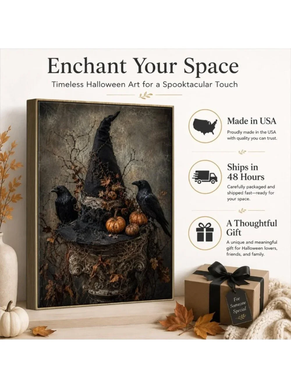 Spooky Halloween Framed Wall Art - Witch Hat, Raven & Pumpkin Decor